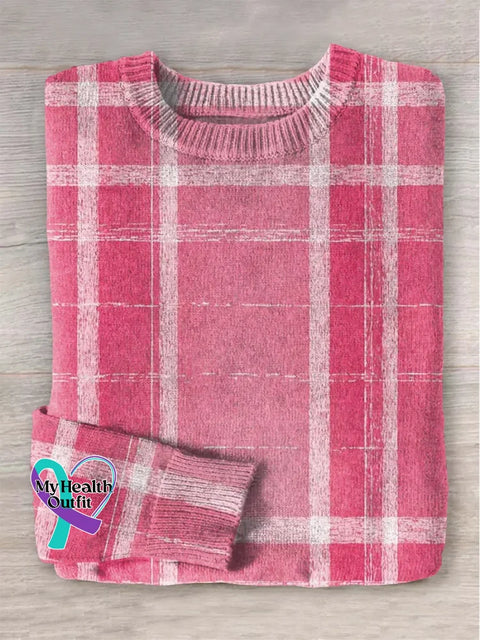 Women’s Pink Art Breast Cancer Awareness Art Plaid Print Knit Pullover Sweater Pink / S