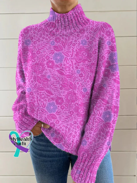 Women’s Pink Art Breast Cancer Awareness Art Print Knit Turtleneck Pullover Sweater Pink / S