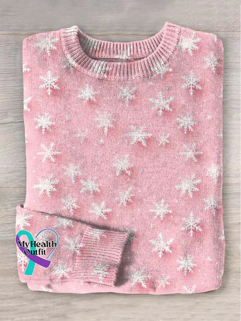 Women’s Pink Art Breast Cancer Awareness Art Snow Print Knit Pullover Sweater Pink / S