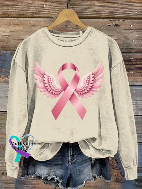 Women’s Pink Art Breast Cancer Awareness Wing Print Casual Sweatshirt Apricot / S