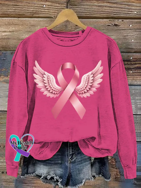 Women’s Pink Art Breast Cancer Awareness Wing Print Casual Sweatshirt Pink / S