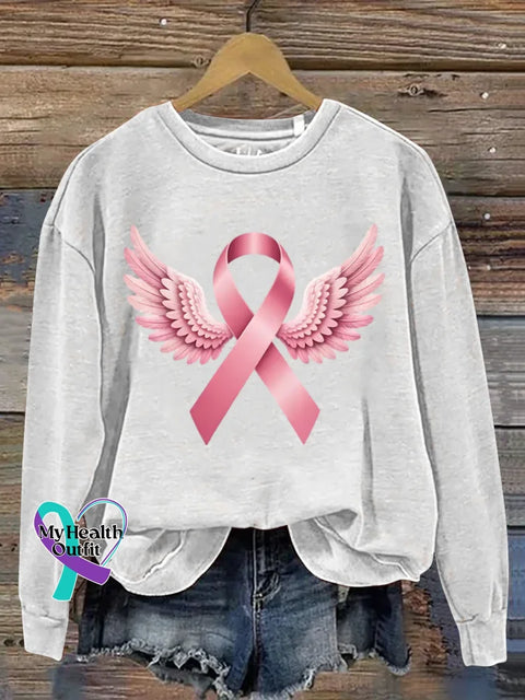 Women’s Pink Art Breast Cancer Awareness Wing Print Casual Sweatshirt White / S