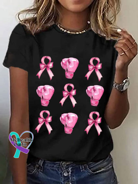 Women’s Pink Bow Fight Breast Cancer Print T-Shirt Black / S