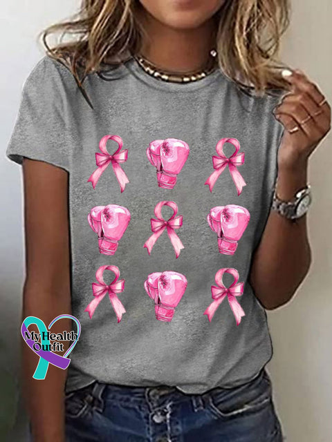 Women’s Pink Bow Fight Breast Cancer Print T-Shirt Light Grey / S