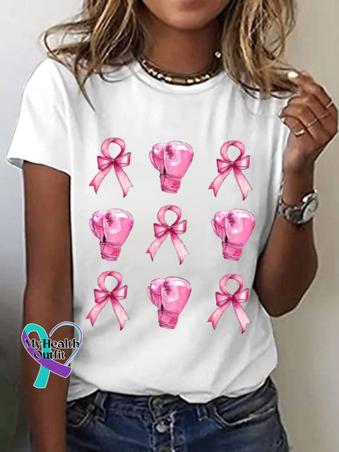 Women’s Pink Bow Fight Breast Cancer Print T-Shirt White / S
