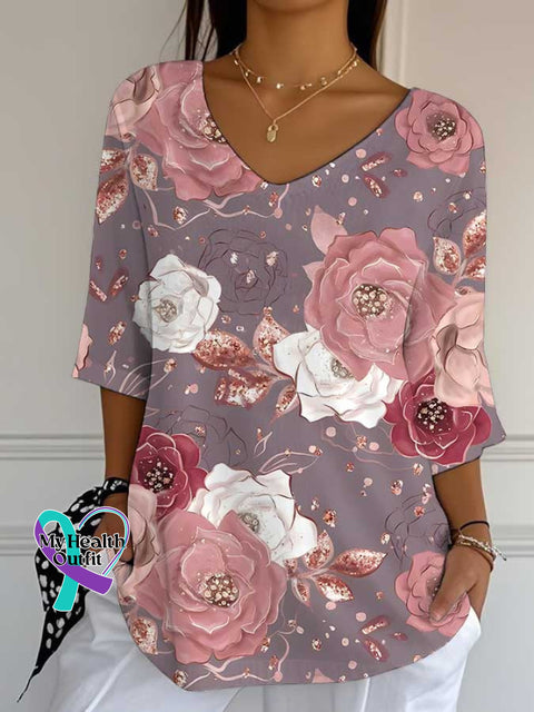 Women’s Pink Breast Cancer Awareness Flowers Print Casual Cotton V-neck Shirt Multicolor / S