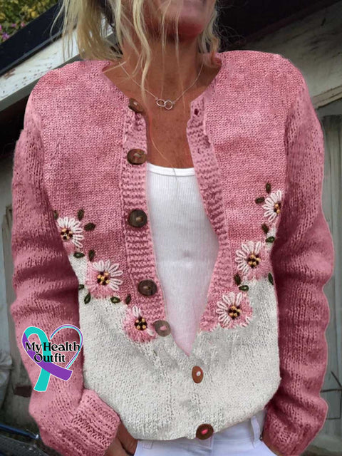 Women’s Pink Breast Cancer Awareness Print Buttoned Cardigan Sweater Multicolor / S