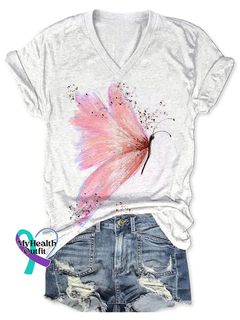 Women’s Pink Butterfly Art Print V-neck Casual T-Shirt White / S