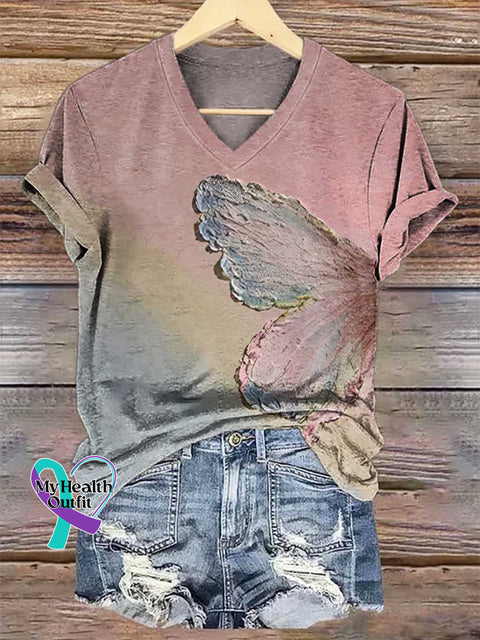 Women’s Pink Butterfly Oil Painting Contrast V-neck Casual T-Shirt Multicolor / S