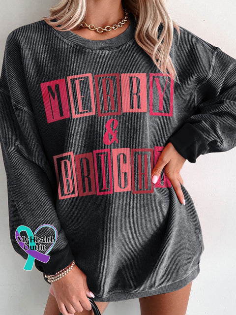 Women’s Pink Christmas Merry And Bright Casual Print Corduroy Sweatshirt Black / S