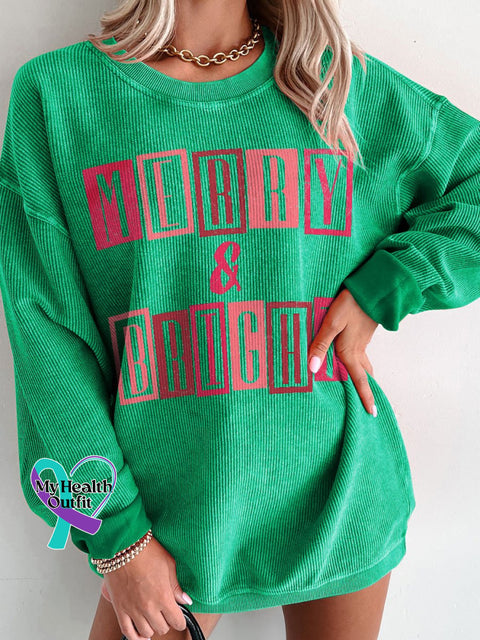 Women’s Pink Christmas Merry And Bright Casual Print Corduroy Sweatshirt Green / S