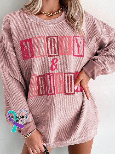 Women’s Pink Christmas Merry And Bright Casual Print Corduroy Sweatshirt / S