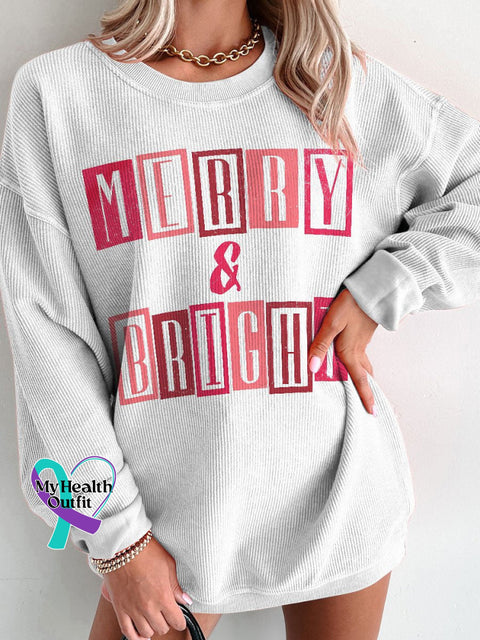 Women’s Pink Christmas Merry And Bright Casual Print Corduroy Sweatshirt White / S