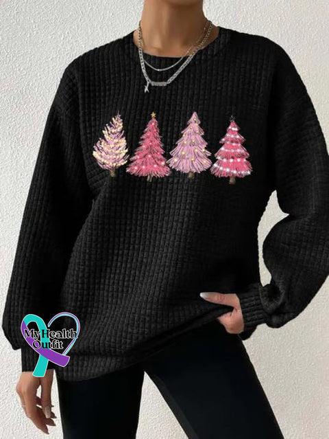 Women’s Pink Christmas Tree Print Button Back Casual Knitted Shirt Black / S