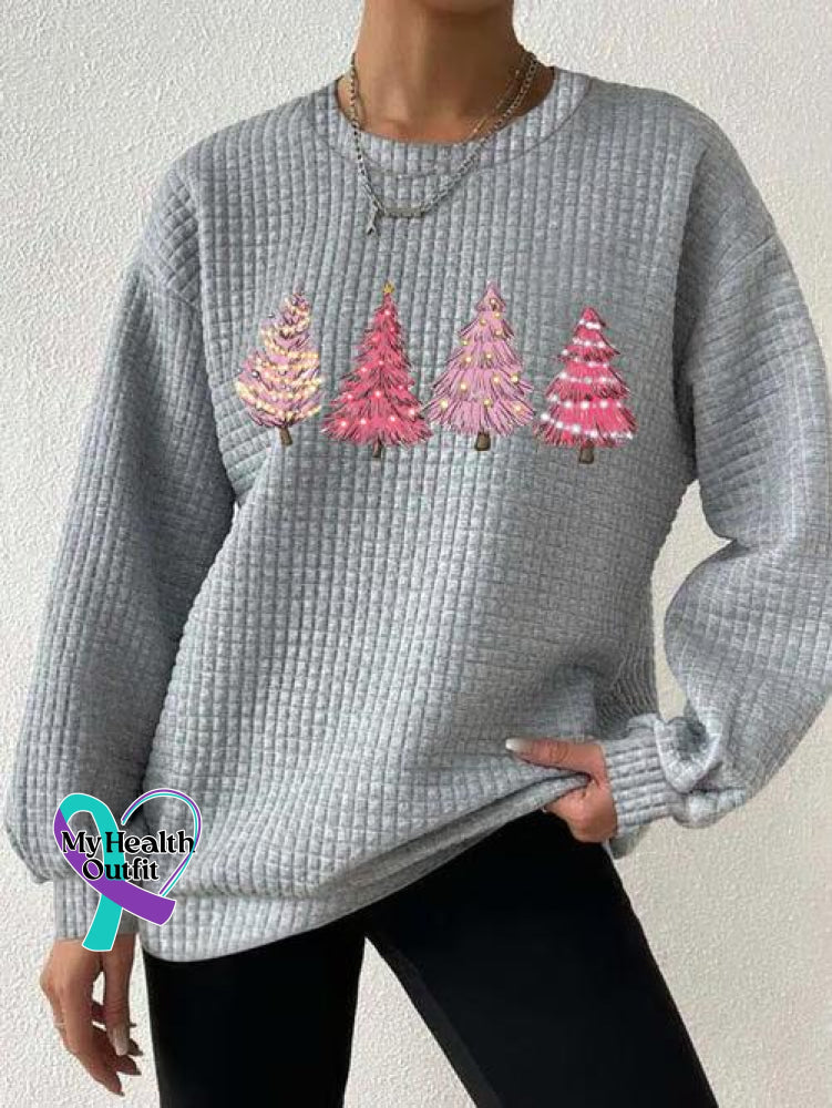 Women’s Pink Christmas Tree Print Button Back Casual Knitted Shirt Grey / S