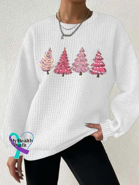 Women’s Pink Christmas Tree Print Button Back Casual Knitted Shirt White / S