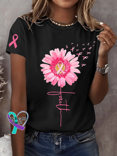 Women’s Pink Daisy Faith Ribbon Hope Love Breast Cancer Awareness Print Round Neck Short Sleeve