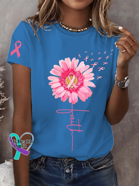 Women’s Pink Daisy Faith Ribbon Hope Love Breast Cancer Awareness Print Round Neck Short Sleeve