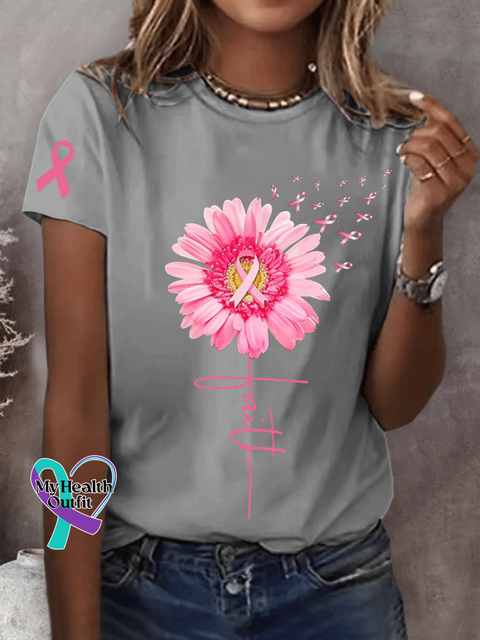 Women’s Pink Daisy Faith Ribbon Hope Love Breast Cancer Awareness Print Round Neck Short Sleeve