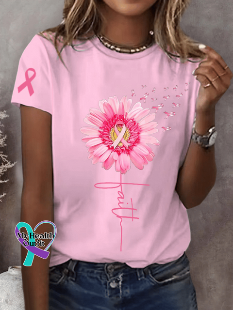 Women’s Pink Daisy Faith Ribbon Hope Love Breast Cancer Awareness Print Round Neck Short Sleeve