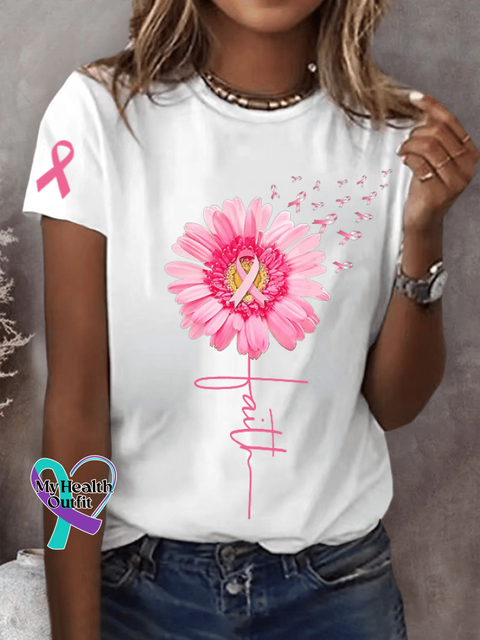 Women’s Pink Daisy Faith Ribbon Hope Love Breast Cancer Awareness Print Round Neck Short Sleeve