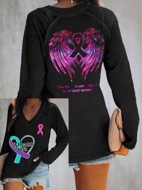 Women’s Pink Faith Hope Love Wings Breast Cancer Awareness Print Casual V Neck Long Sleeve Tops Multicolor / S