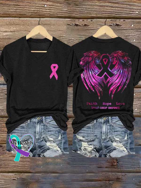 Women’s Pink Faith Hope Love Wings Breast Cancer Awareness V neck Casual T Shirt Multicolor / S
