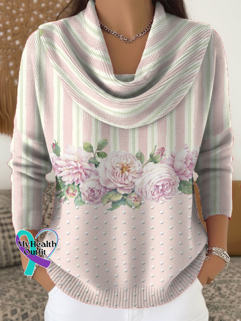 Women’s Pink Flora Art Breast Cancer Awareness Print Cowl Neck Sweater Multicolor / S