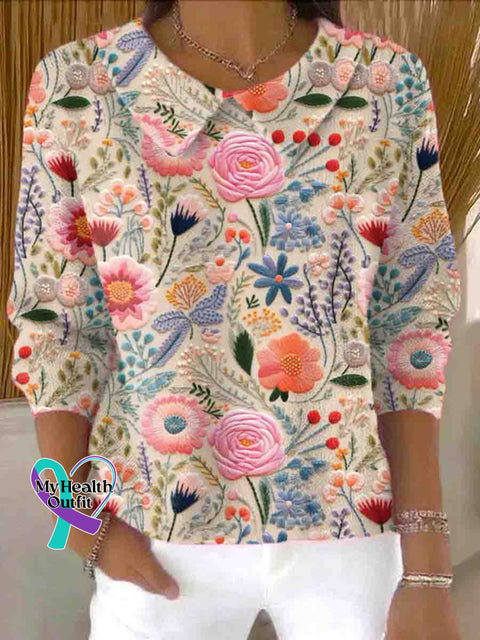 Women’s Pink Floral Breast Cancer Awareness Casual Peter Pan Collar 3/4 Sleeve Sweater Multicolor / S