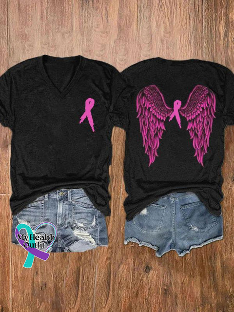 Women’s Pink Month Print V-Neck Casual T-Shirt Black / S