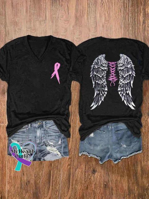 Women’s Pink Month Print V-Neck Casual T-Shirt Black / S