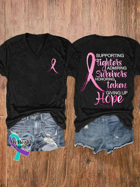 Women’s Pink Month Print V-Neck Casual T-Shirt Black / S