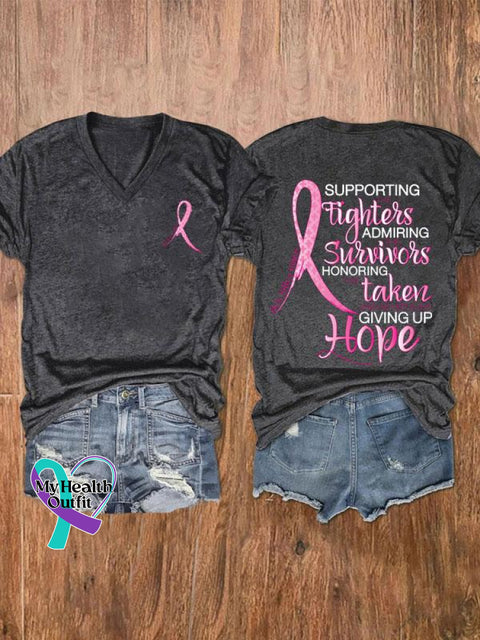 Women’s Pink Month Print V-Neck Casual T-Shirt Grey / S