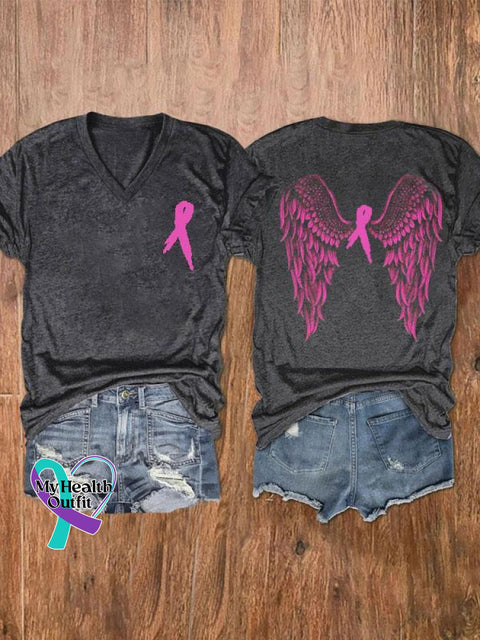 Women’s Pink Month Print V-Neck Casual T-Shirt Grey / S