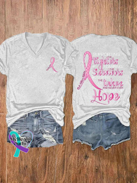 Women’s Pink Month Print V-Neck Casual T-Shirt White / S