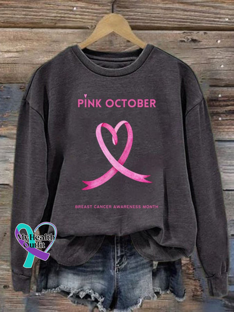 Women’s Pi̇nk October Breast Cancer Awareness Month Print Long Sleeve Sweatshirt Dark Grey / S