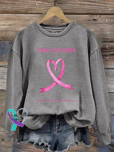 Women’s Pi̇nk October Breast Cancer Awareness Month Print Long Sleeve Sweatshirt Light Grey / S
