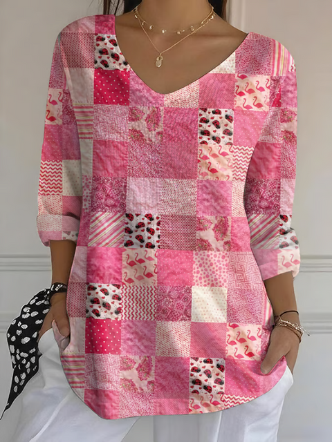 Women’s Pink Patch Breast Cancer Awareness Print Casual Cotton V-neck Shirt Multicolor / S