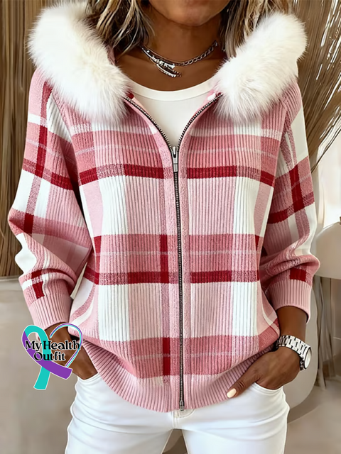 Women’s Pink Plaid Patchwork Print Fur Collar Zipper Casual Hooded Sweatshirt Multicolor / S