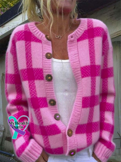 Women’s Pink Plaid Pattern Art Print Buttoned Cardigan Sweater Pink / S