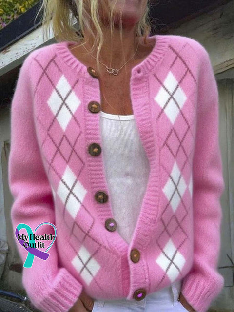 Women’s Pink Plaid Pattern Art Print Buttoned Cardigan Sweater Pink / S