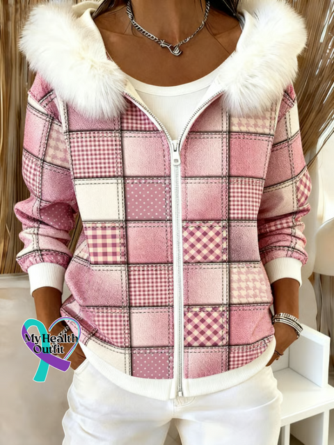 Women’s Pink Plaid Print Fur Collar Zipper Casual Hooded Sweatshirt Multicolor / S
