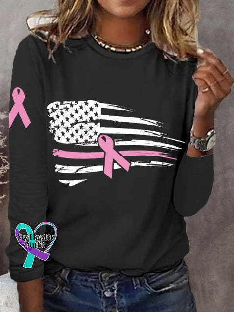 Women’s Pink Ribbon American Flag Breast Cancer Awareness Warrior Long-Sleeve T-Shirt Black / S