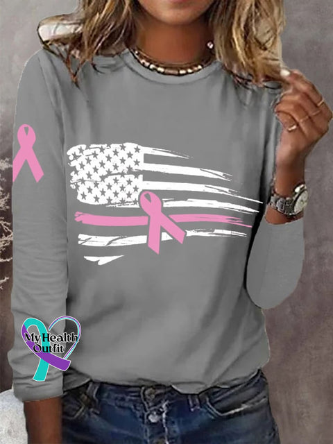 Women’s Pink Ribbon American Flag Breast Cancer Awareness Warrior Long-Sleeve T-Shirt Grey / S