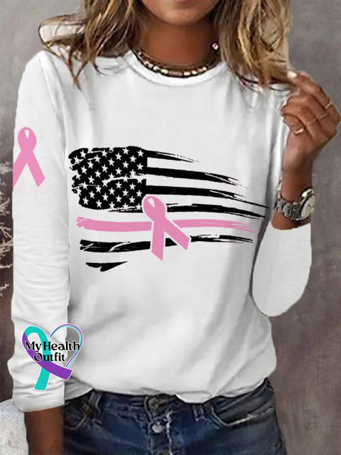 Women’s Pink Ribbon American Flag Breast Cancer Awareness Warrior Long-Sleeve T-Shirt White / S