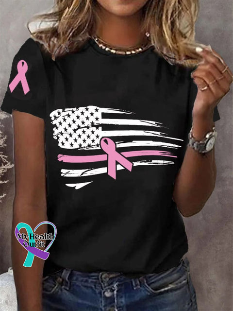 Women’s Pink Ribbon Breast Cancer Awareness American Flag Tee Black / S