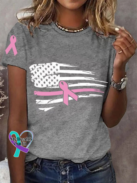Women’s Pink Ribbon Breast Cancer Awareness American Flag Tee Light Grey / S