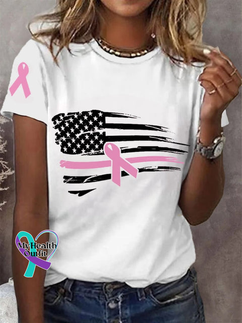 Women’s Pink Ribbon Breast Cancer Awareness American Flag Tee White / S
