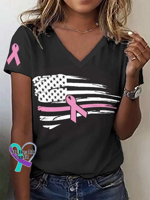 Women’s Pink Ribbon Breast Cancer Awareness American Flag V-Neck Tee Black / S