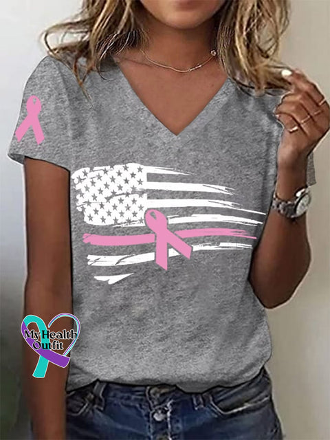 Women’s Pink Ribbon Breast Cancer Awareness American Flag V-Neck Tee Light Grey / S